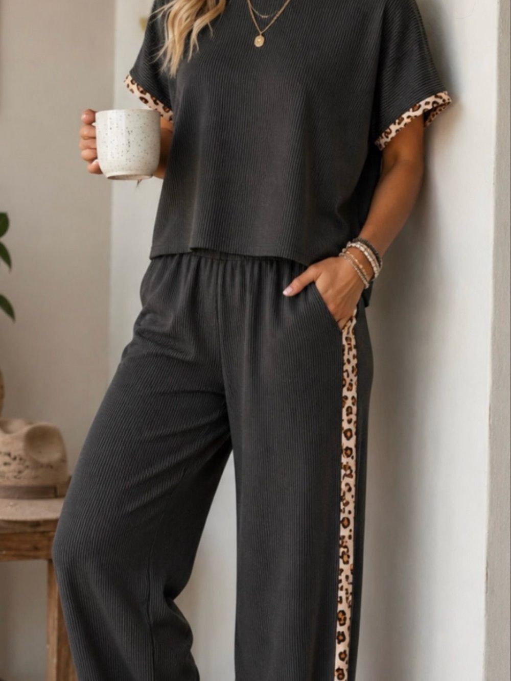 Women Lounge Set Charcoal with Leopard Trim